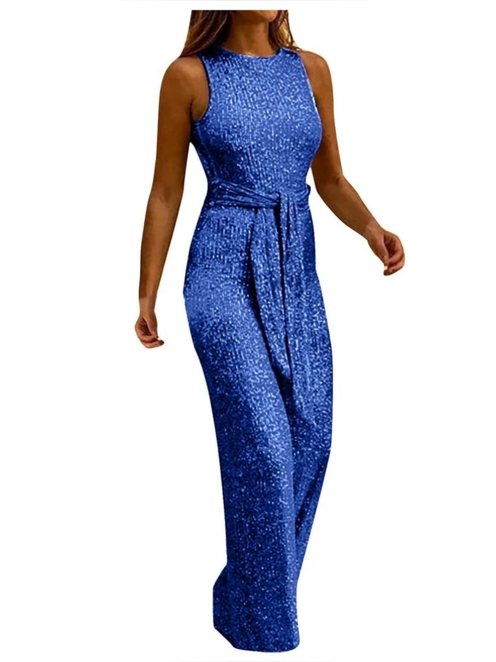 Sequin Sparkly Jumpsuits Sleeveless Shiny Wide Leg Belted Long Pants Romper